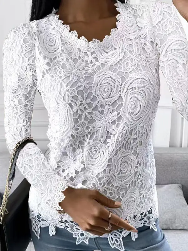 Round Neck Casual Loose Solid Color Lace Long Sleeve T-shirt - Minicousa.com 