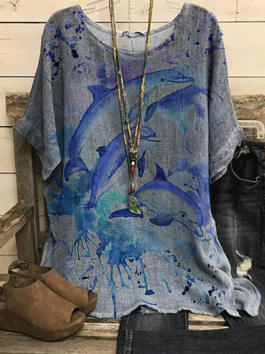 Round Neck Loose Casual Print Short Sleeve Blouse