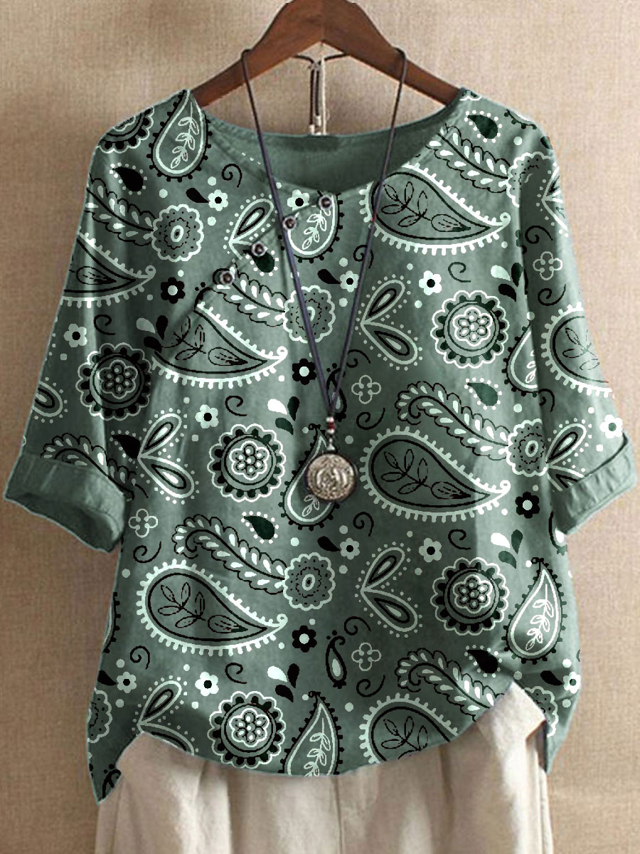 Round Neck Loose Casual Paisley Print Short Sleeve Blouse