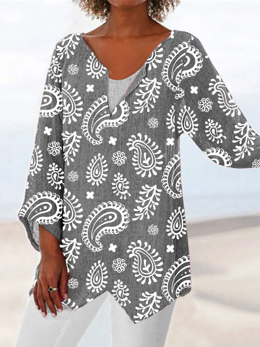 V neck Loose Casual Paisley Print Long Sleeve Blouse