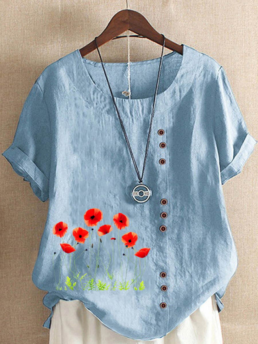 Vintage Casual Floral Print Crew Neck Short Sleeve Blouse