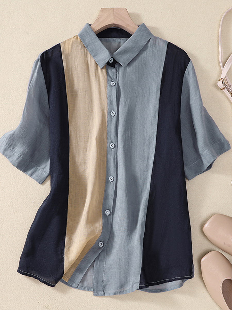 Loose Colorblock Lapel Collar Short Sleeve Shirt