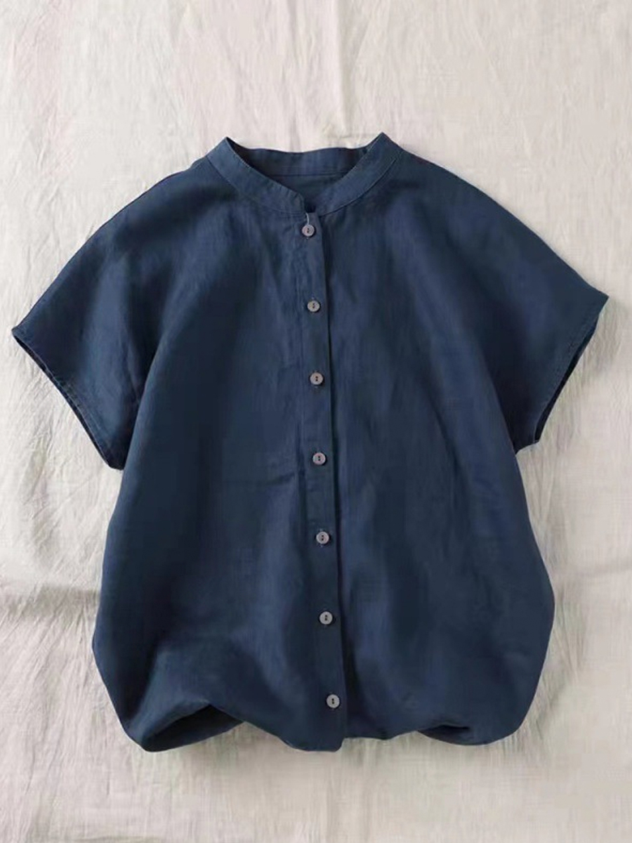 Casual Solid Color Cotton Linen Stand Collar Short Sleeve Blouse
