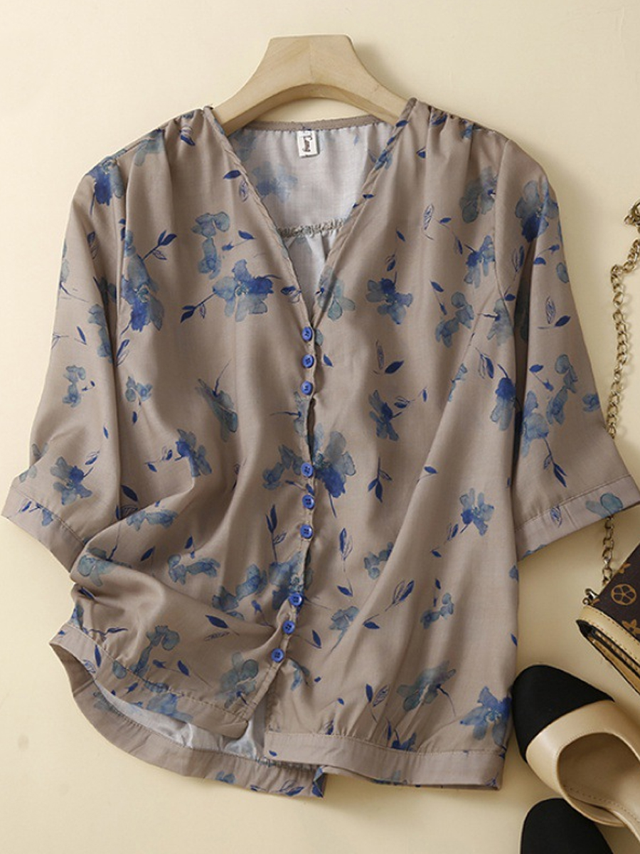 Casual Vintage Floral Print V Neck Half Sleeve Shirt