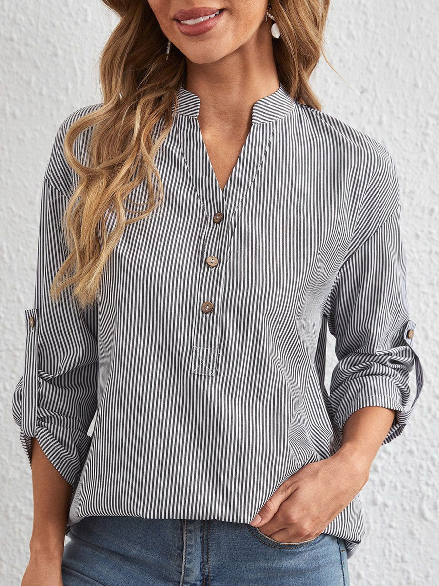 V neck Casual Loose Striped Print Long Sleeve Blouse