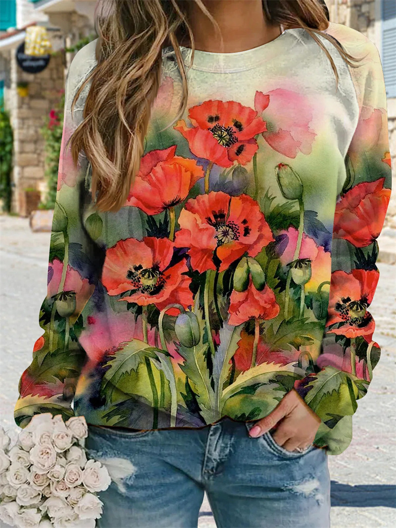 Round Neck Casual Loose Floral Print Sweatshirt