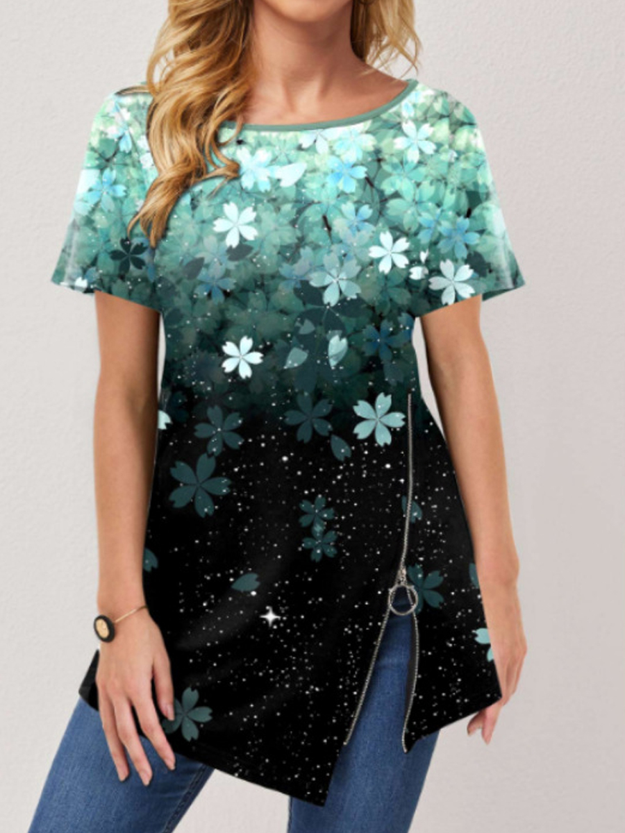 Casual Floral Print Asymmetric Zip Hem Crew Neck Short Sleeve T Shirt