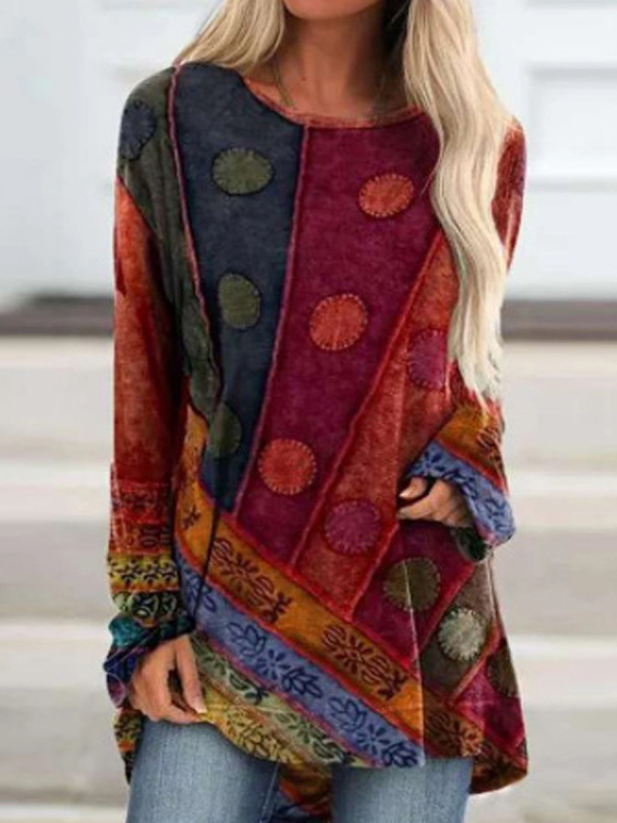 Casual Vintage Ethnic Print Chic Crew Neck Long Sleeve T-shirt