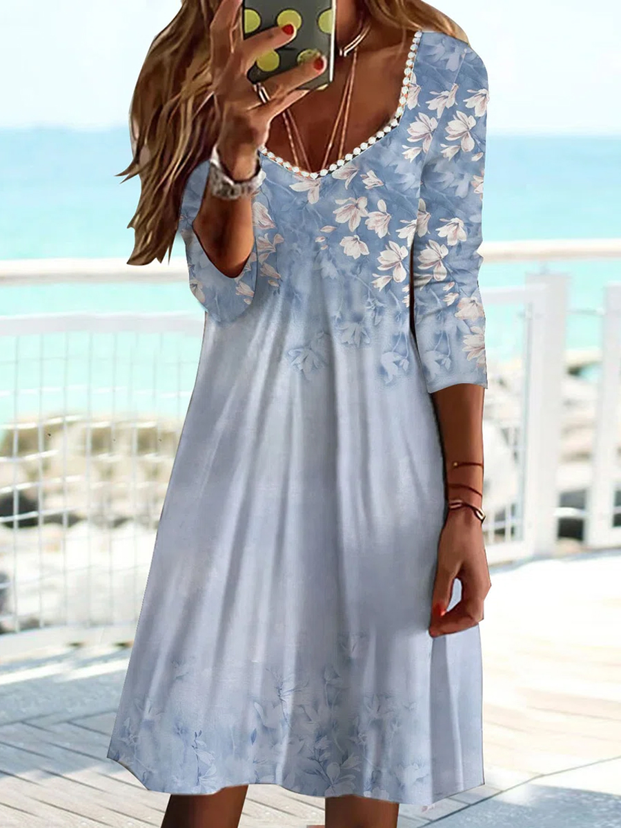 Casual Floral Print V Neck Long Sleeve Short Dress