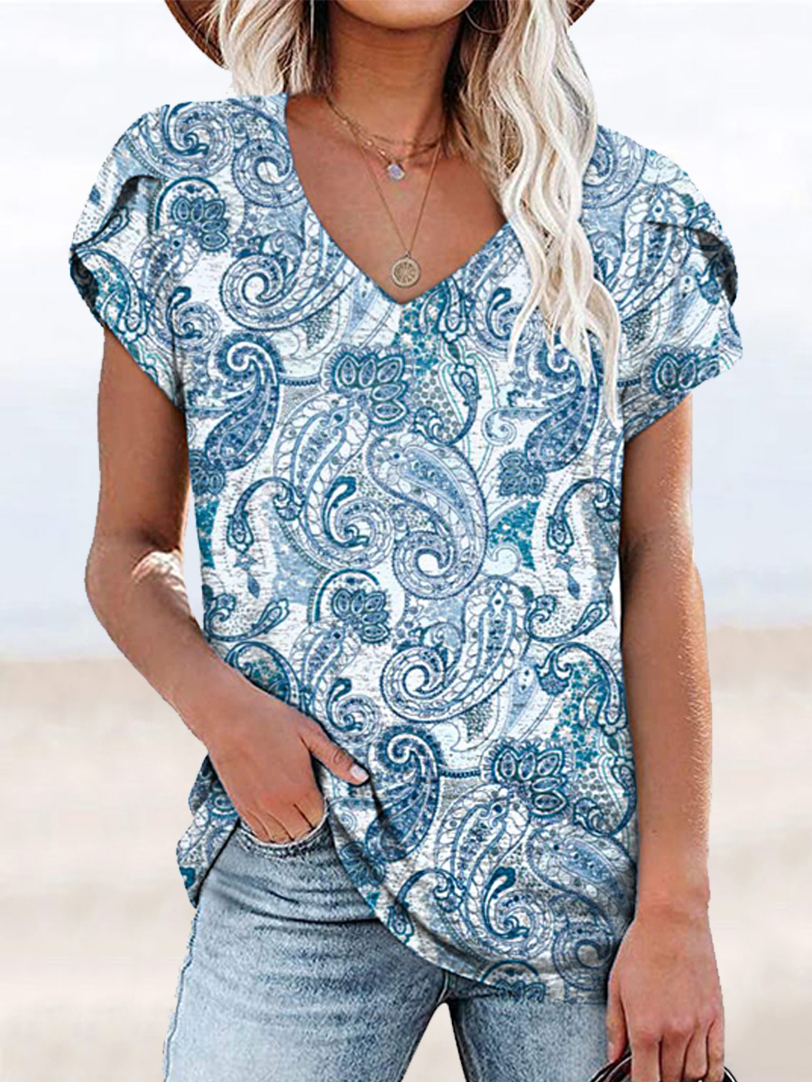 Casual Cashew Flower Print V Neck Short Sleeve T Shirt