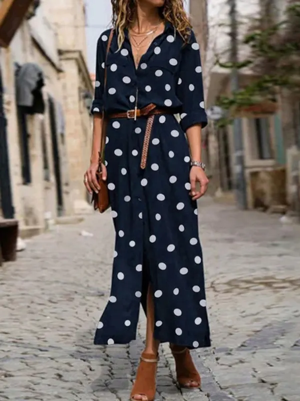 Casual Fashion Polka Dot Print Lapel Long Sleeve Maxi Dress - Machoup.com 