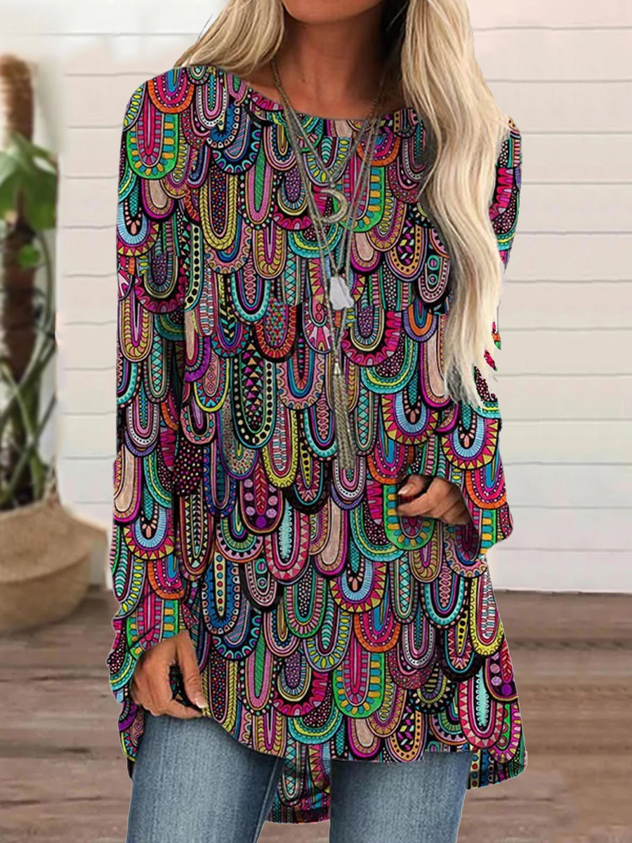 Casual Vintage Loose Print Long Sleeve Crew Neck T Shirt