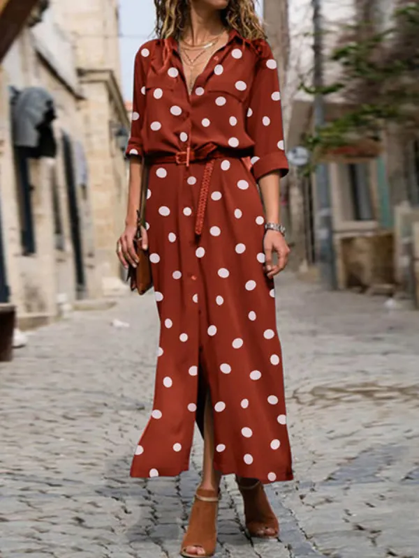 Casual Fashion Polka Dot Print Lapel Long Sleeve Maxi Dress - Oasisjoy.com 