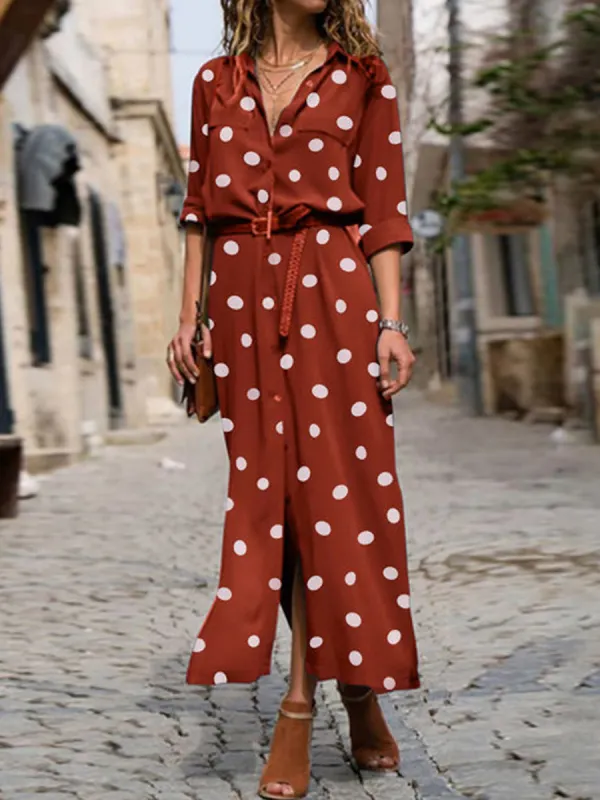 Casual Fashion Polka Dot Print Lapel Long Sleeve Maxi Dress - Ininrubyclub.com 