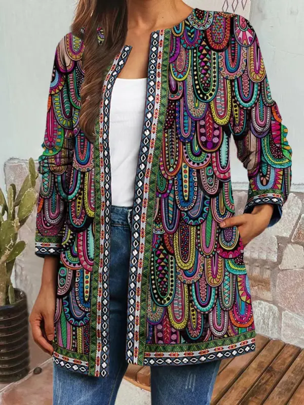Casual Vintage Ethnic Print Long Sleeve Jacket - Minicousa.com 