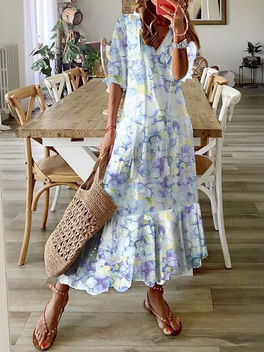 Casual Floral Print V Neck Half Sleeve Maxi Dress