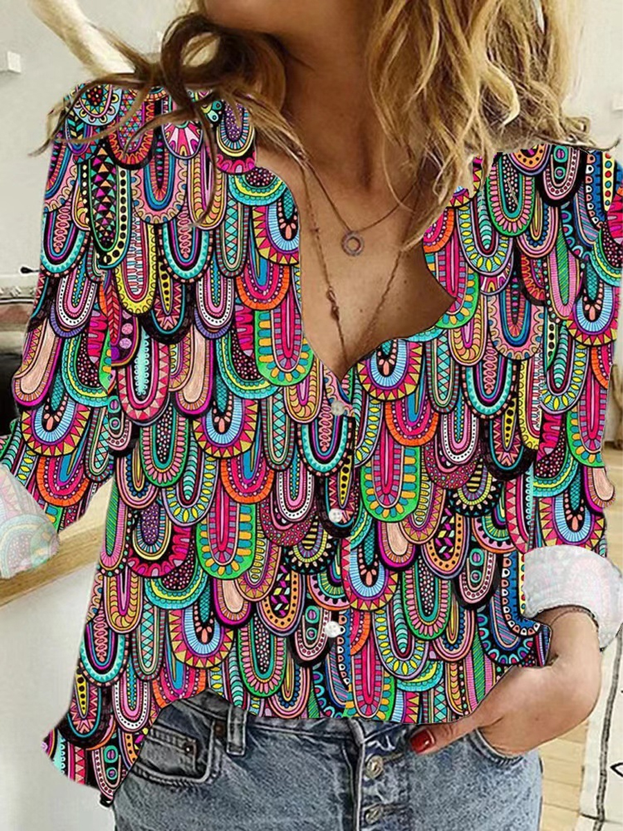 Casual Fashion Vintage Print Long Sleeve Lapel Shirt