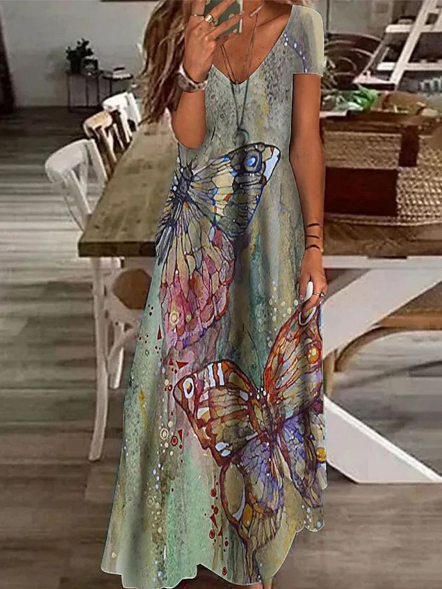 Casual Floral Print V Neck Short Sleeve Maxi Dress