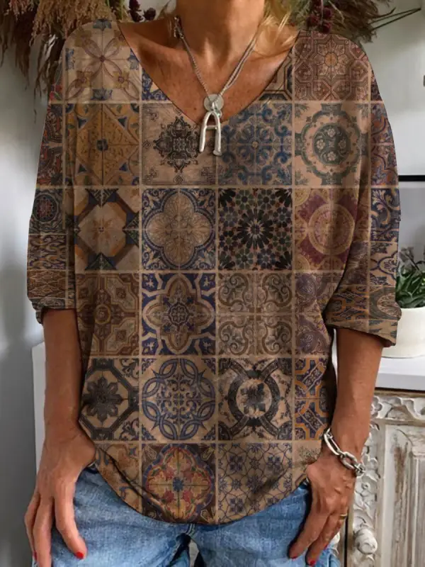 V-neck Casual Loose Vintage Geometric Print Long Sleeve T-shirt - Oasisjoy.com 