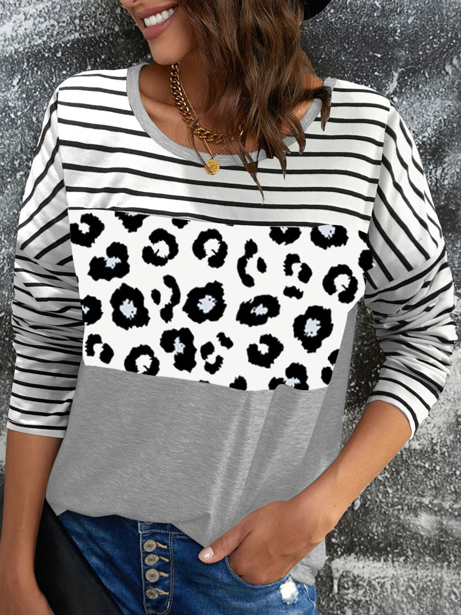 Round Neck Casual Leopard Stripe Print Long Sleeve T shirt