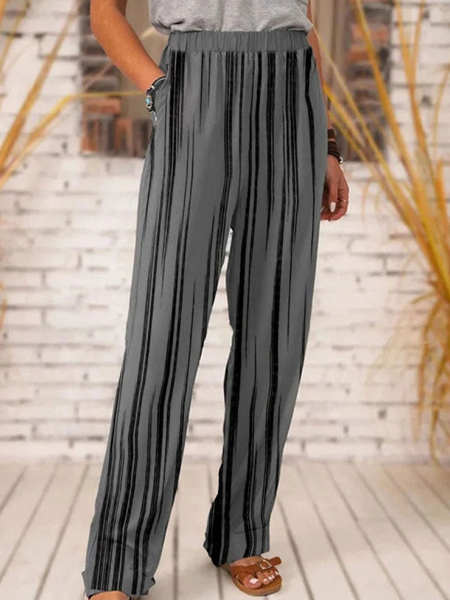 Casual Loose Striped Print Elastic Waist Straight Pants