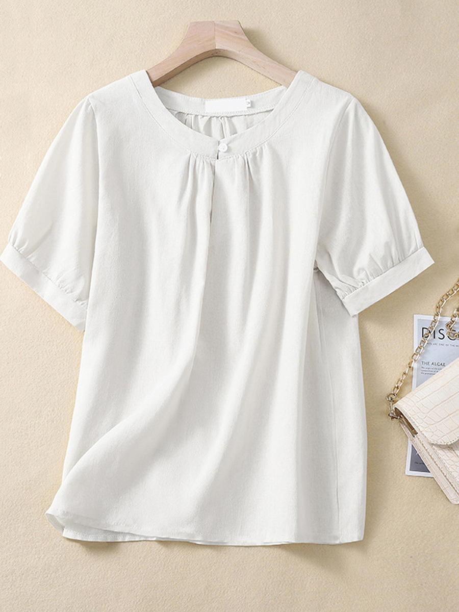 Casual Retro Solid Color Round Neck Short Sleeve Blouse