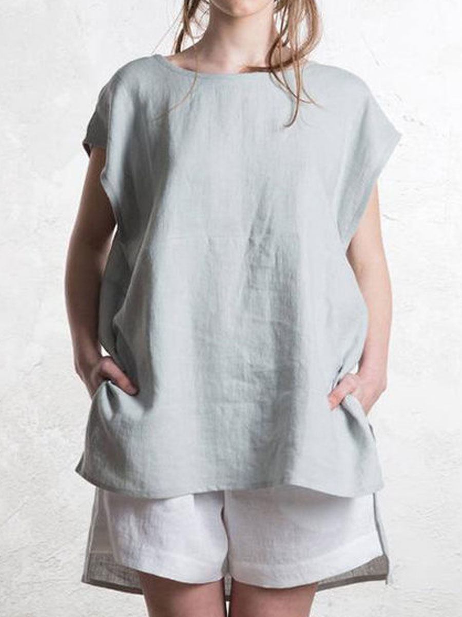 Round Neck Casual Loose Solid Color Short sleeved Blouse