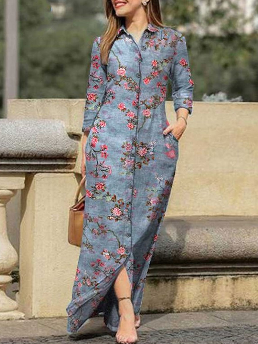 Casual Loose Floral Print Cardigan Long Sleeve Maxi Dress