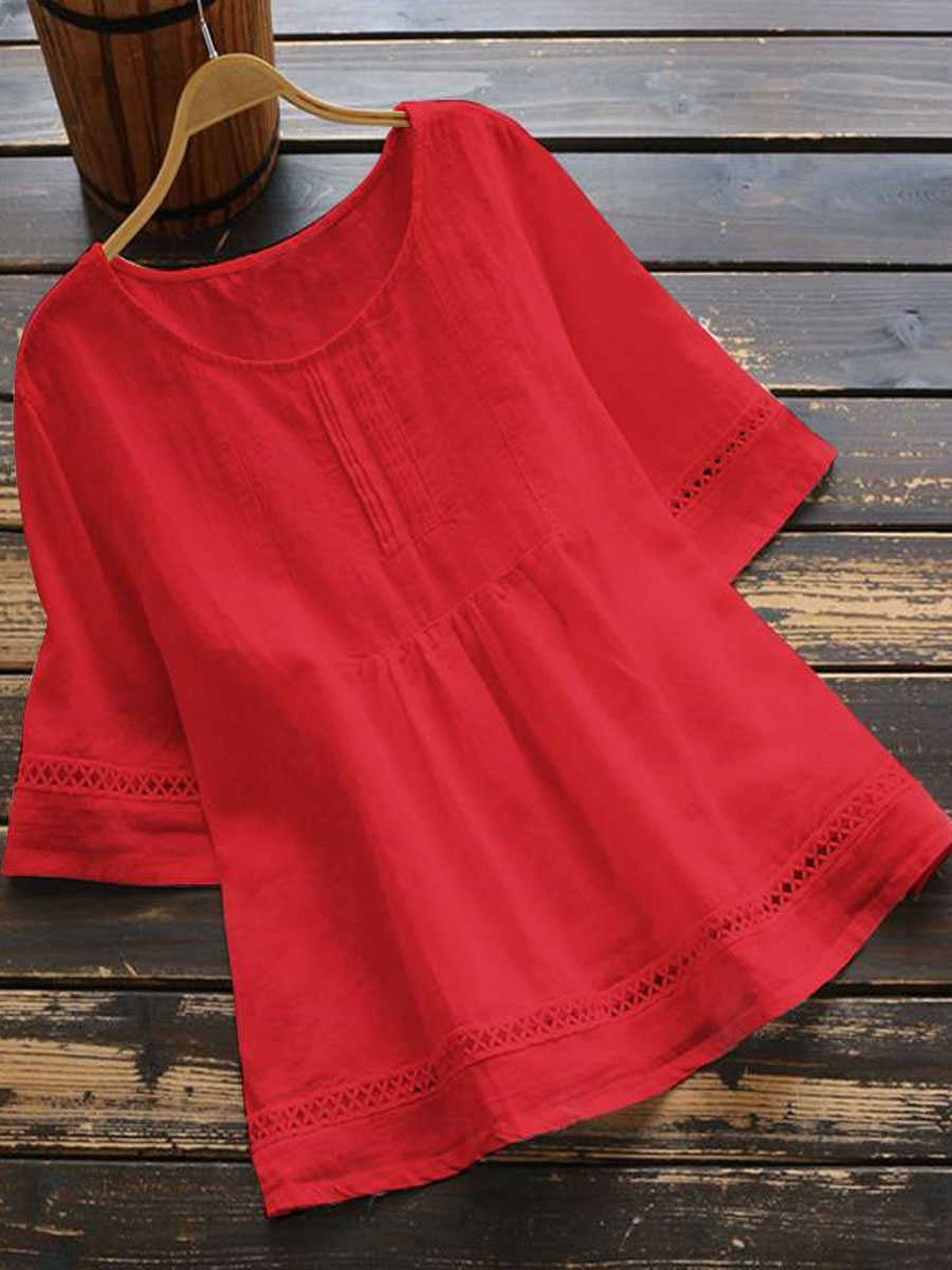 Round Neck Casual Loose Cutout Stitching Short sleeved Blouse