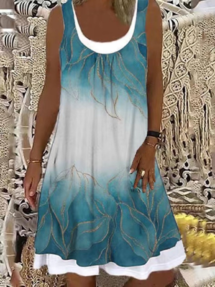 Round Neck Casual Loose Leaf Print Sleeveless Short Dress