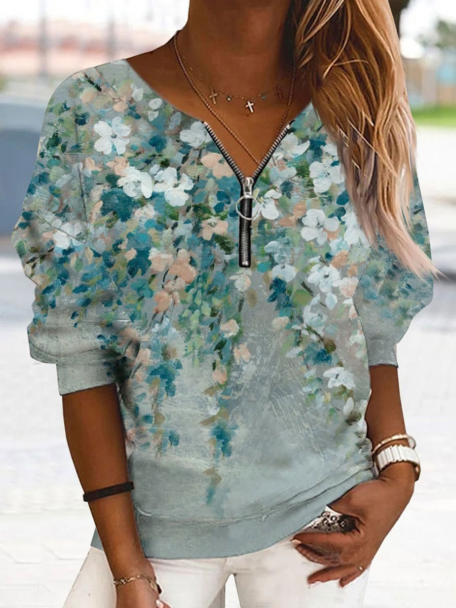 Round Neck Zip Casual Loose Leaf Print Sweatshirt
