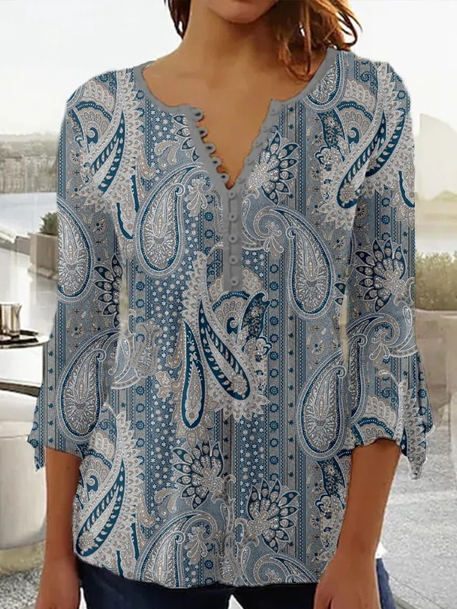 Casual Button Floral Print V Neck Long Sleeve Shirt