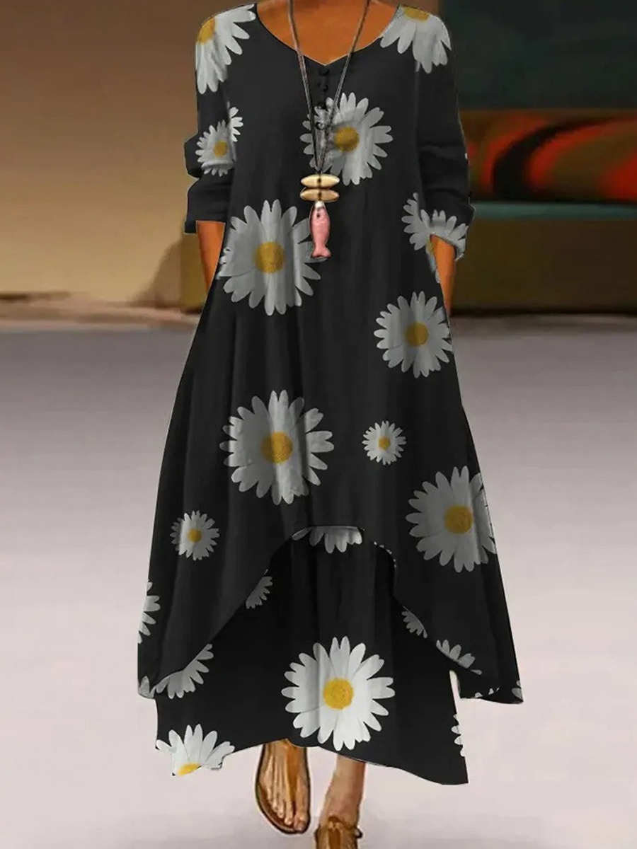Casual Floral Print Long Sleeve Crew Neck Maxi Dress