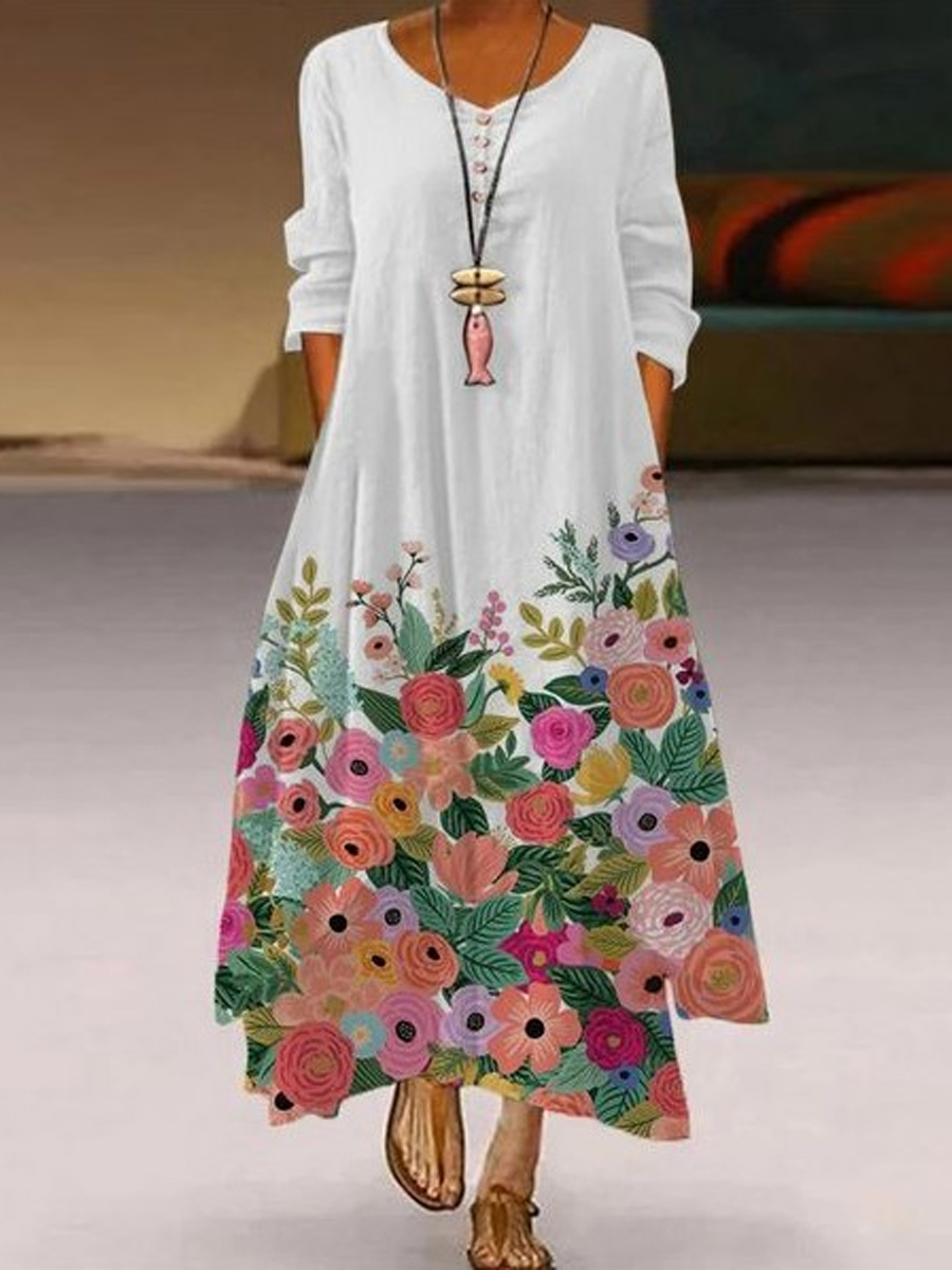 Casual Floral Print Crew Neck Long Sleeve Maxi Dress