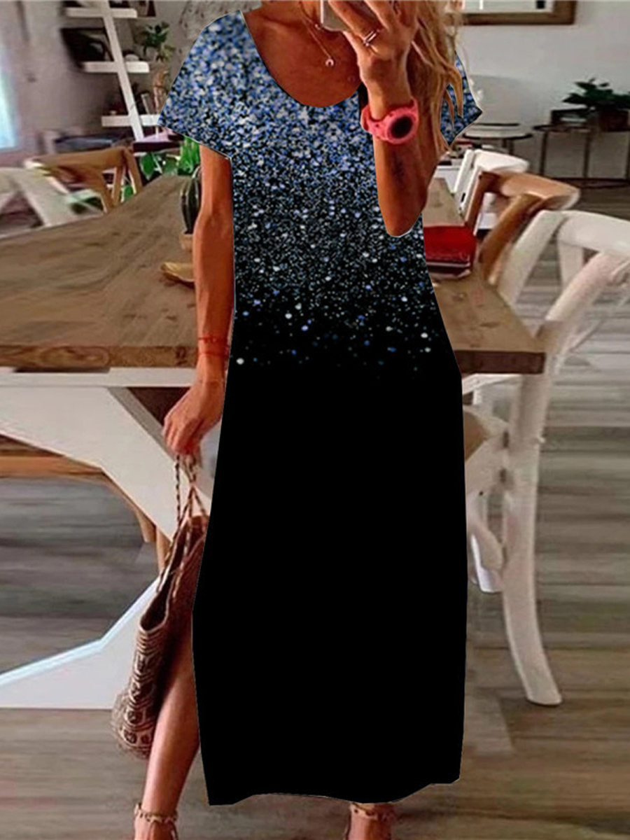 Casual Print Crew Neck Short Sleeve Maxi Dress