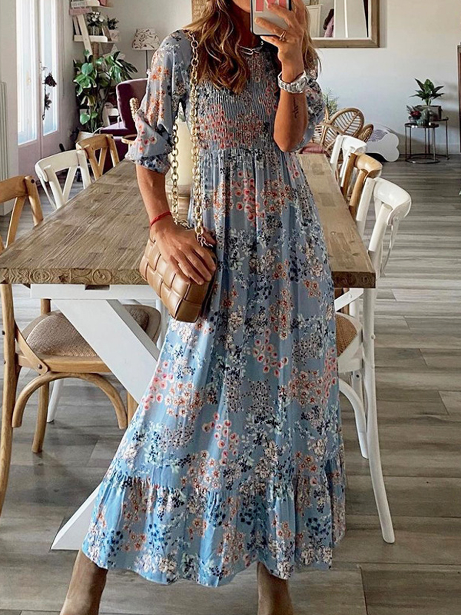 Casual Fashion Floral Print Round Neck Half Sleeve Maxi Dress