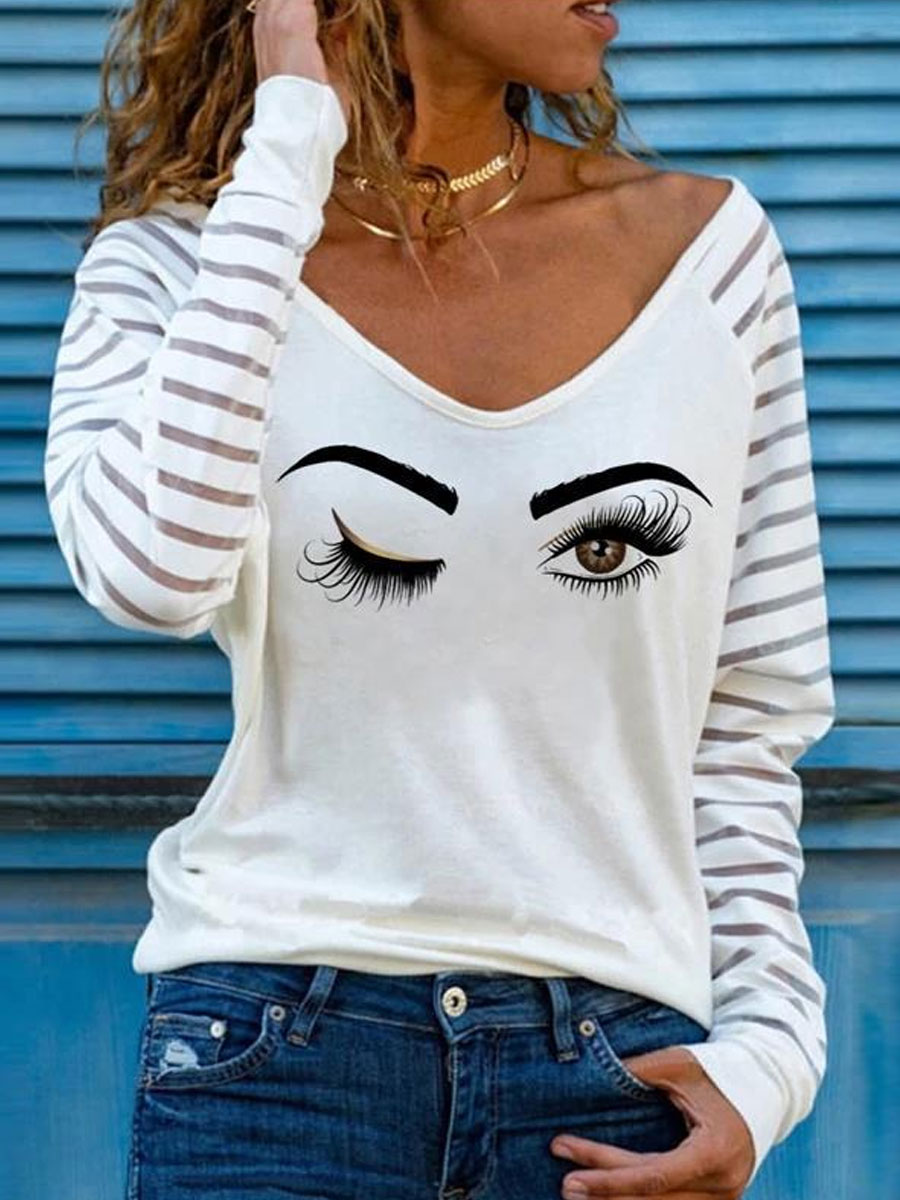 V neck Casual Loose Printed Long Sleeve T shirt
