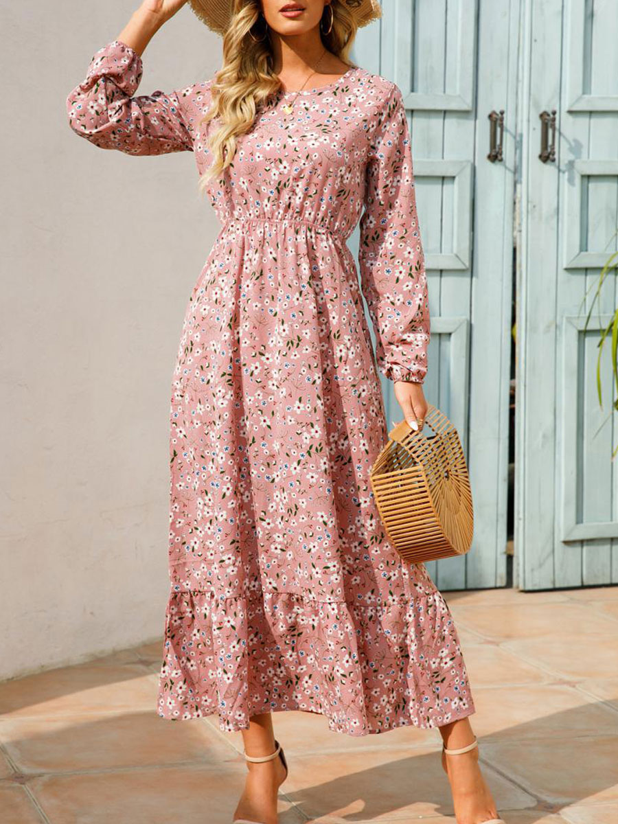 Round Neck Casual Loose Floral Print Long Sleeve Maxi Dress
