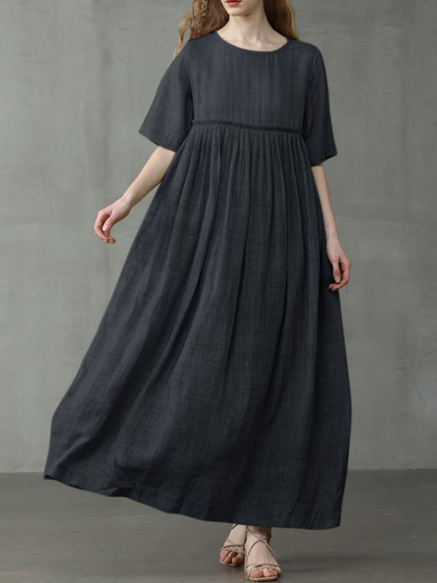 Round Neck Casual Loose Solid Color Short Sleeve Maxi Dress