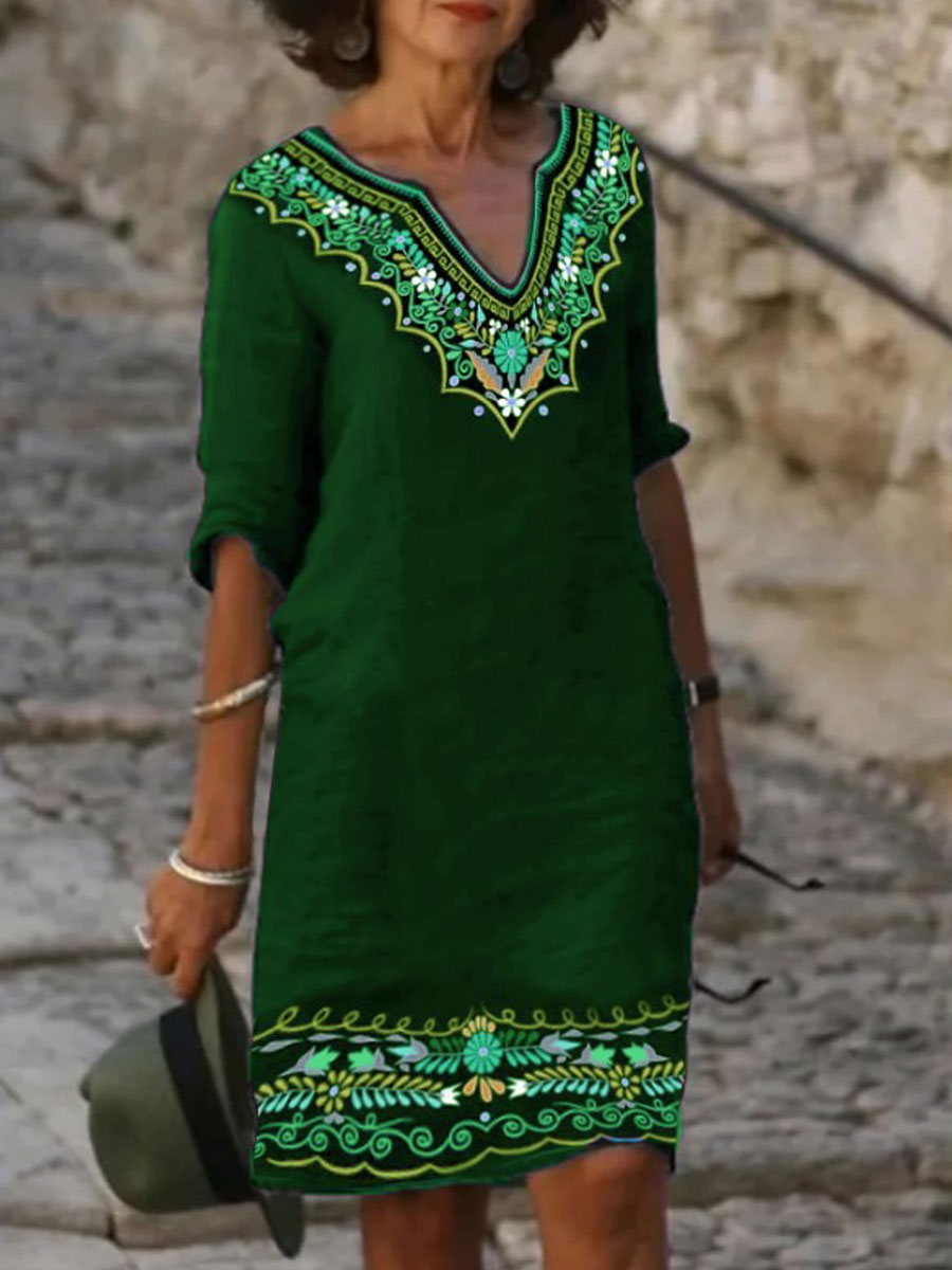 V neck Casual Loose Floral Print Long Sleeve Short Dress