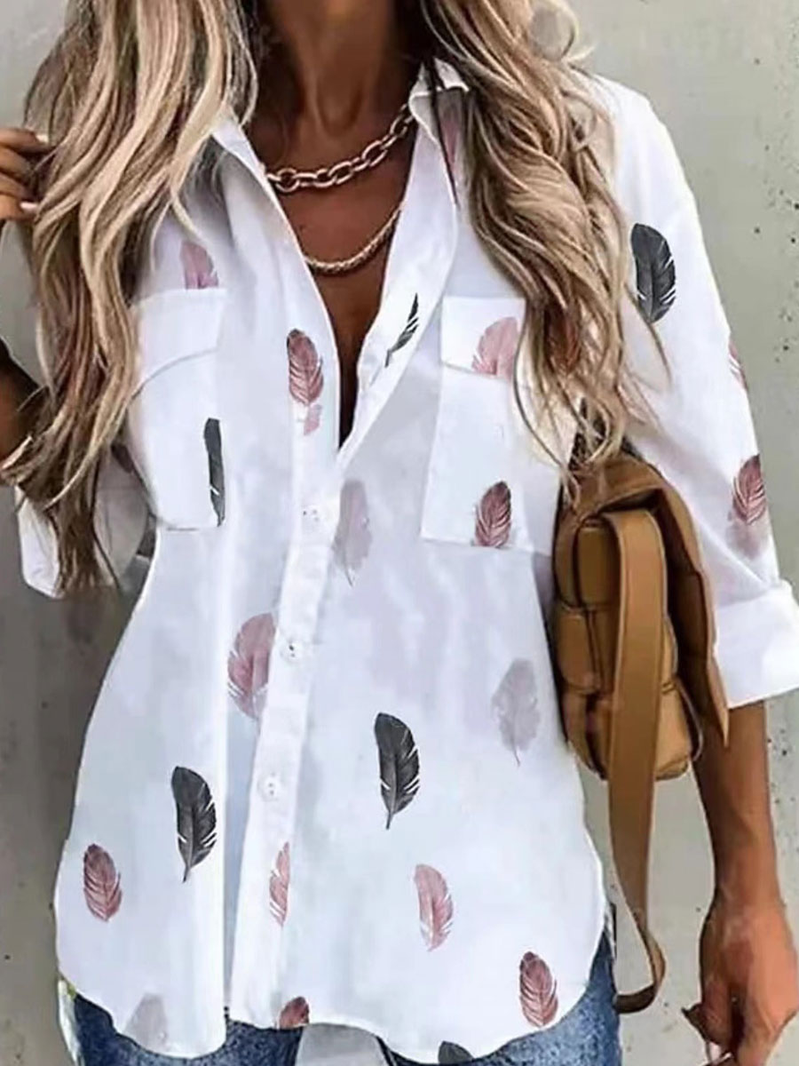Casual Loose Feather Print Long Sleeve Cardigan Blouse