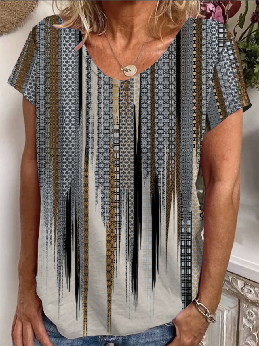 Casual Ethnic Print V Neck Short Sleeve T Shirt