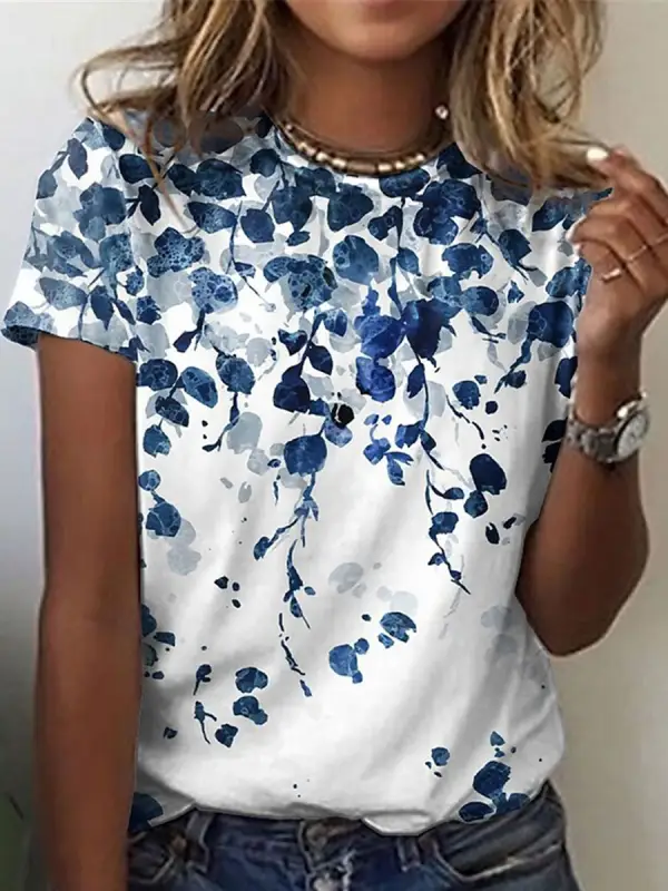 Round Neck Casual Loose Floral Smudge Print Short Sleeve T-shirt - Minicousa.com 