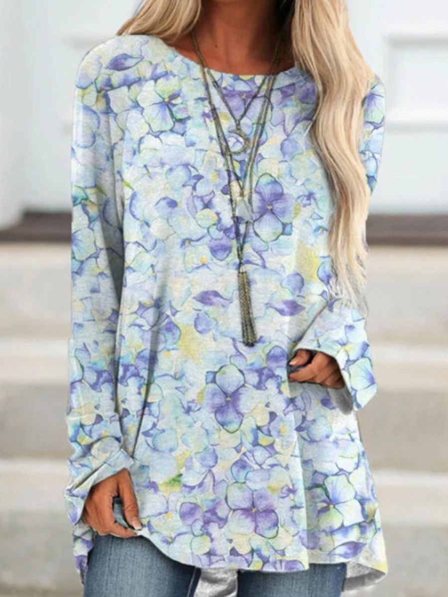 Casual Loose Floral Print Crew Neck Long Sleeve T Shirt