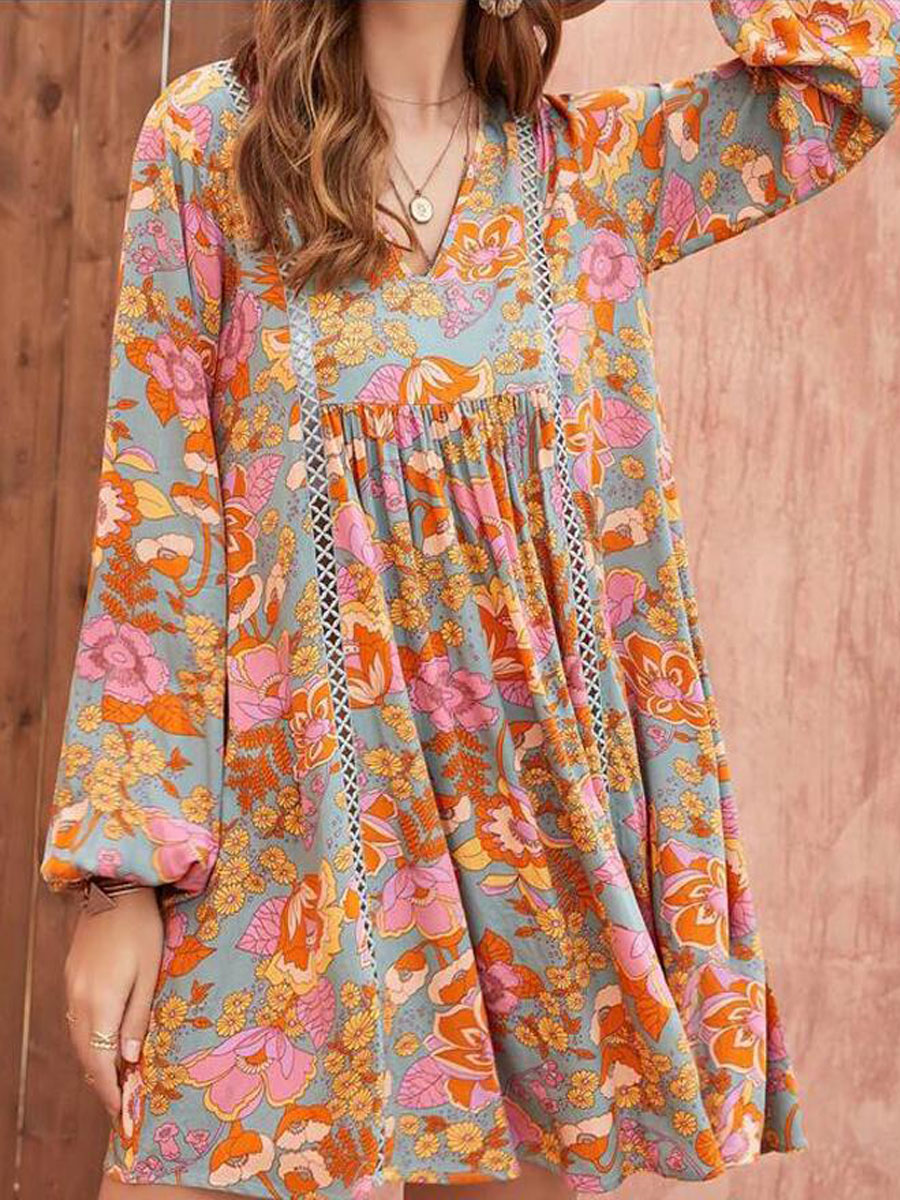 V neck Casual Loose Floral Print Cutout Long Sleeve Short Dress