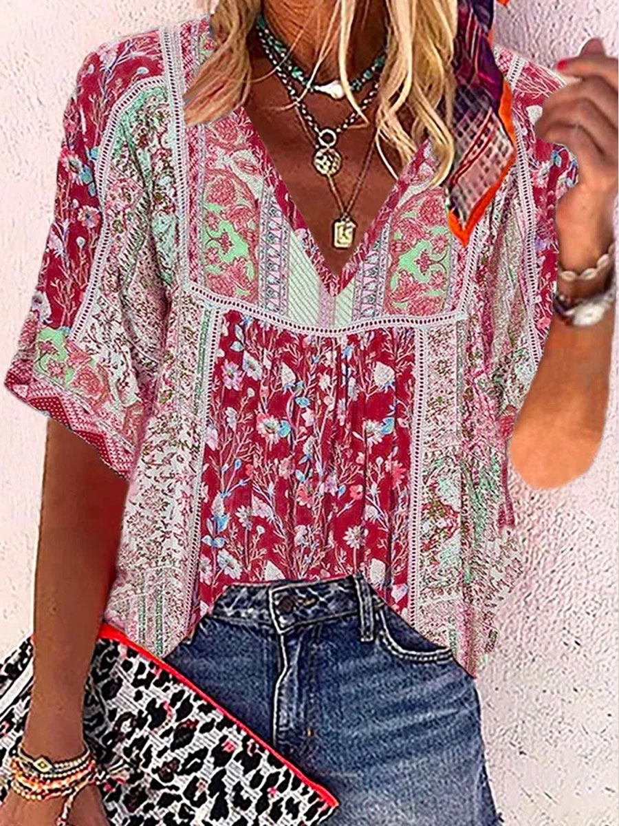V neck Casual Loose Floral Print Short Sleeve Blouse
