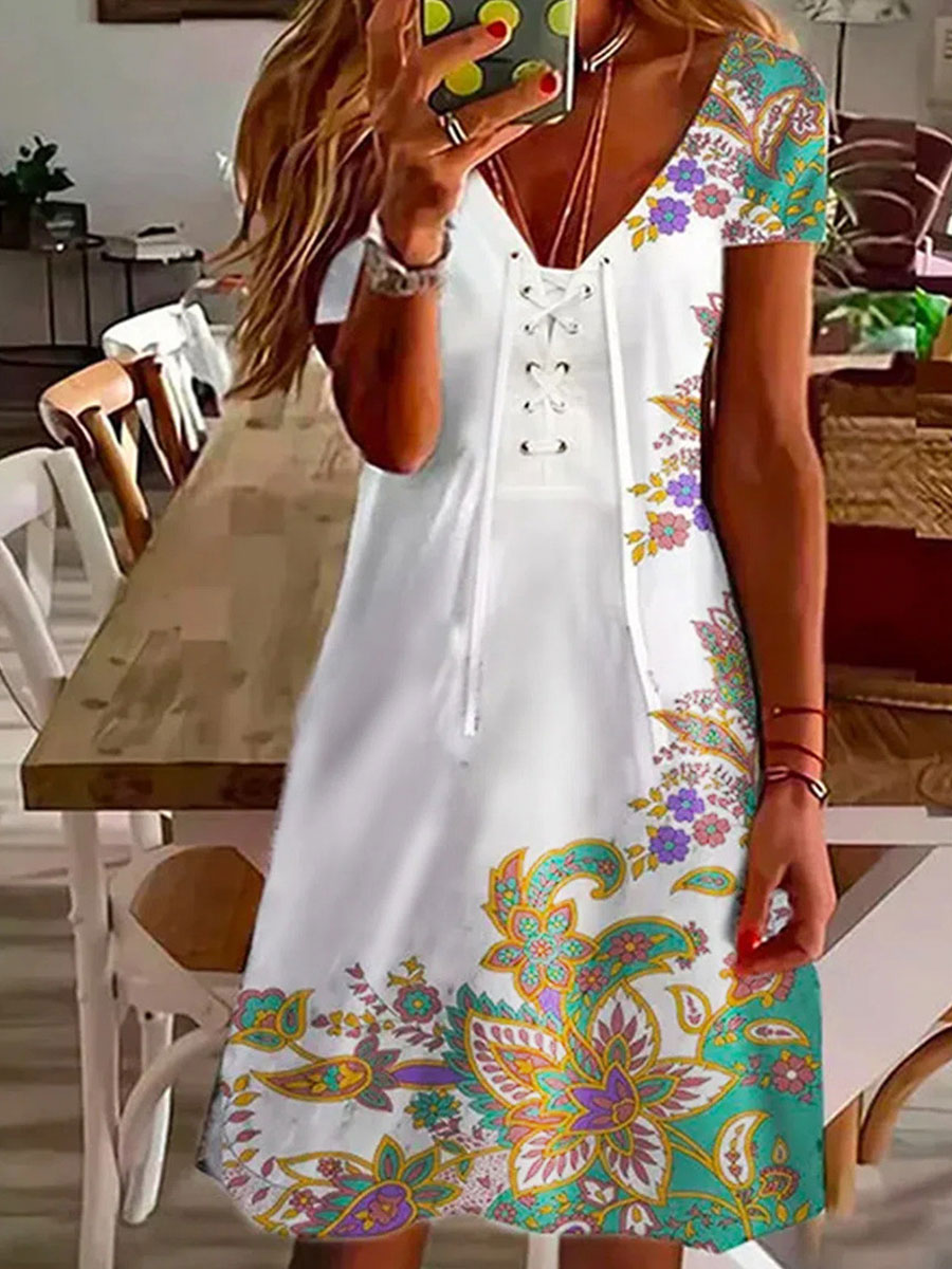 V neck Tie Casual Loose Floral Print Short Sleeve Short Dress