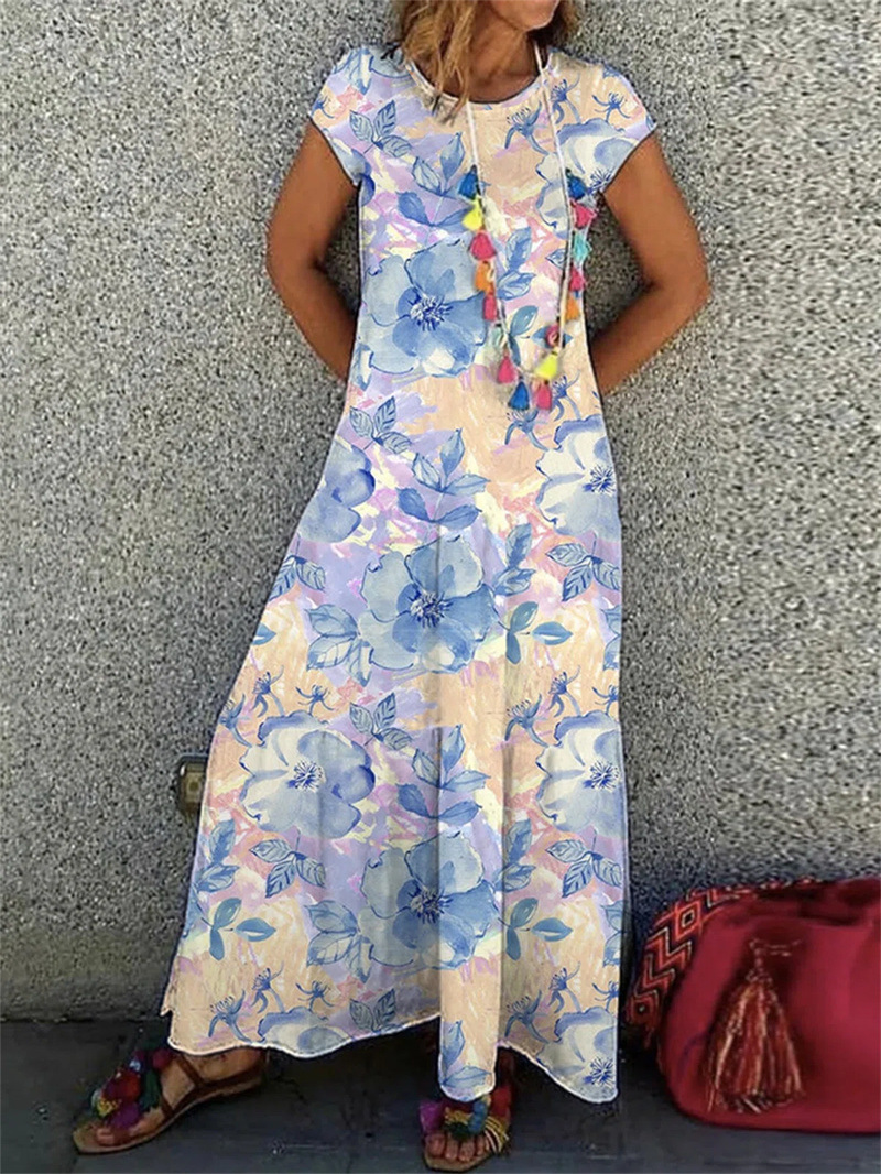 Round Neck Casual Loose Floral Print Short Sleeve Maxi Dress
