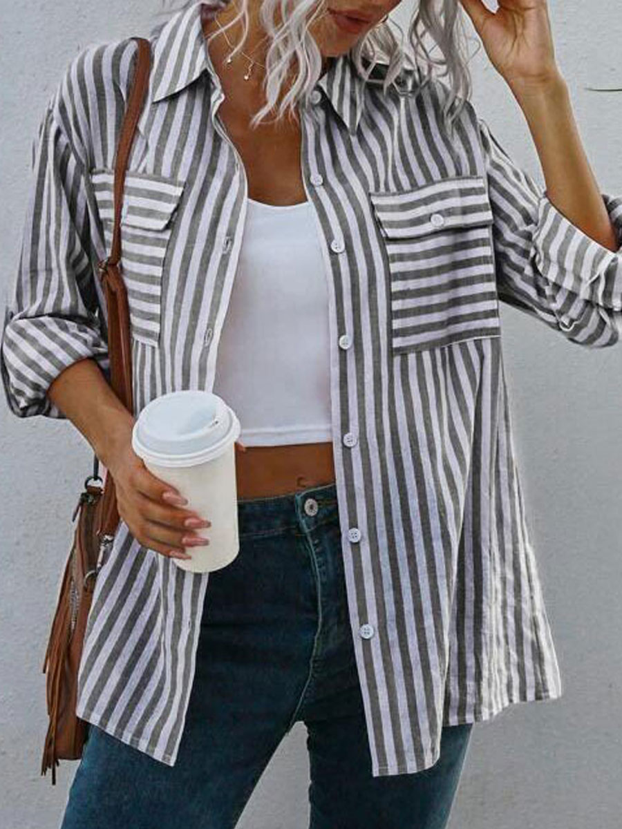 Casual Loose Striped Print Chic Cardigan Long Sleeve Blouse