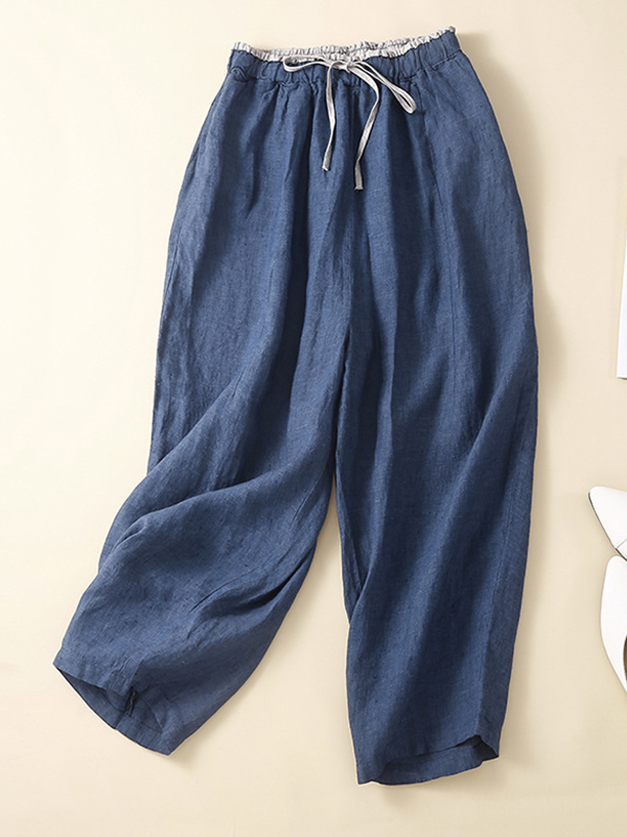 Retro Casual Solid Color Lace Up Cropped Pants